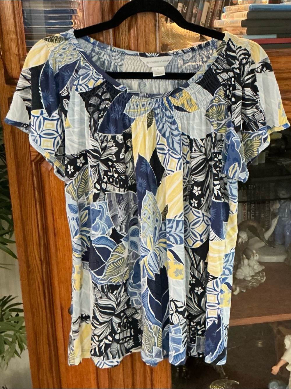 Christopher & Banks Blue Yellow Floral Tropical Short Sleeve Tunic XL